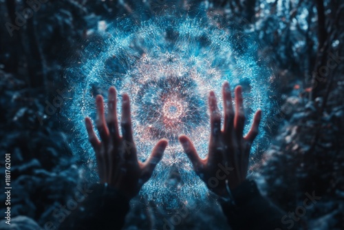 Futuristic Hands Reaching Out to a Colorful Energy Sphere in a Mystical Forest Setting with Vibrant Light Particles and Enchanted Atmosphere photo