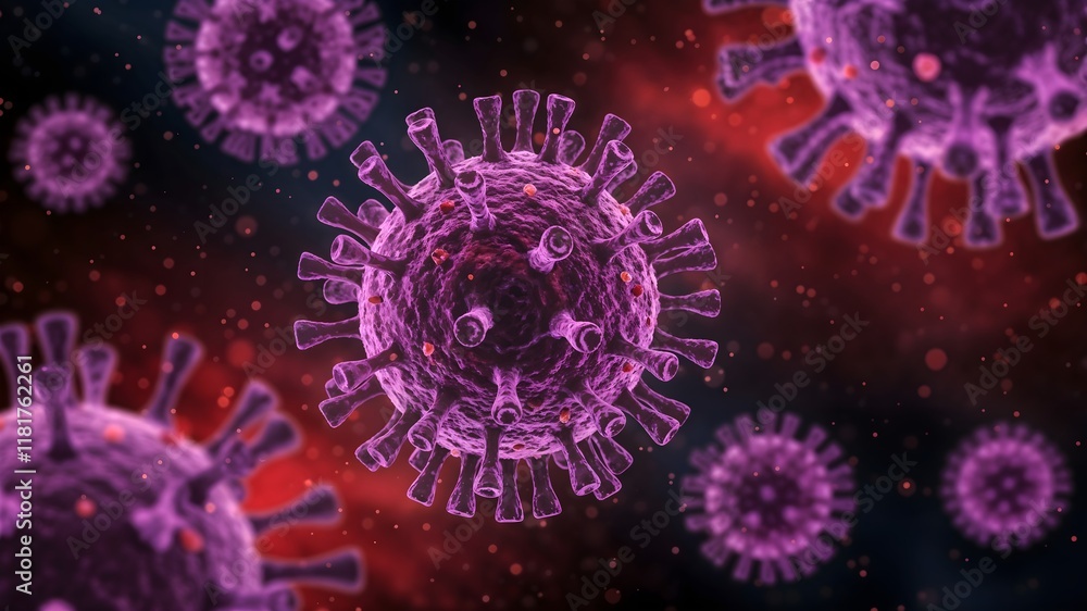 Microscopic view of a spherical virus particle with spiked proteins glowing in purple, floating in a red lit background, symbolizing virology - medical research and the study of infectious diseases Microscopic view of a spherical virus particle with spiked proteins glowing in purple, floating in a red lit background, symbolizing virology - medical research and the study of infectious diseases