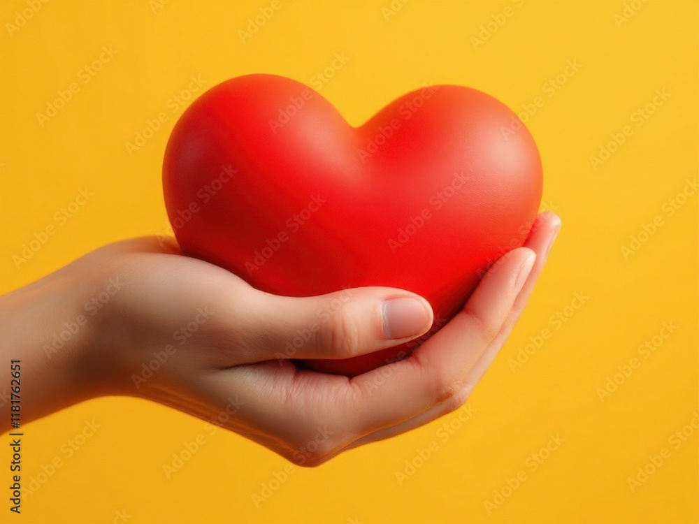 Hands Holding a Pink Heart on a Bright Yellow Background Hands Holding a Pink Heart on a Bright Yellow Background