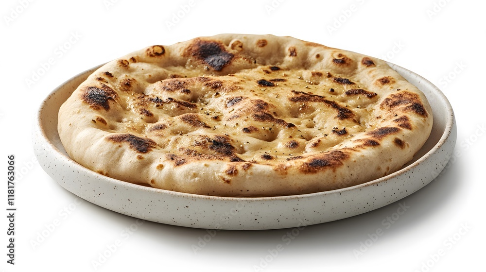 Fresh naan bread on white ceramic plate showcases perfect charring and fluffy texture, highlighting traditional Indian flatbread's artisanal qualities and golden-brown exterior. Fresh naan bread on white ceramic plate showcases perfect charring and fluffy texture, highlighting traditional Indian flatbread's artisanal qualities and golden-brown exterior.