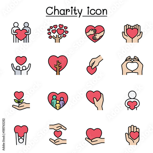 Set of Donation & Charity related vector line icons. contains such Icons as kindness, fundraiser, volunteer, support, heart, helping, care, give, hope, friendship, hug, protect and more.