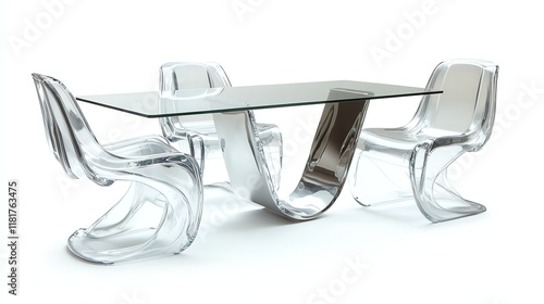 Modern transparent table with stylish chairs, white isolated background. photo