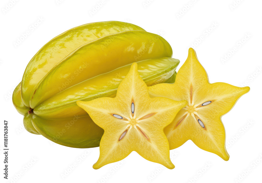 A whole starfruit and a cross-section slice, isolated on white background, no depth of field, sharp. A whole starfruit and a cross-section slice, isolated on white background, no depth of field, sharp.