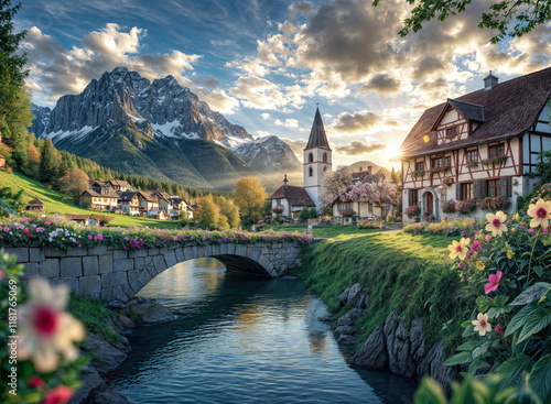 a picturesque village nestled at the foot of majestic mountains. The village features traditional half-timbered houses, a church with a steeple, and a stone bridge over a serene river. The scene is ad