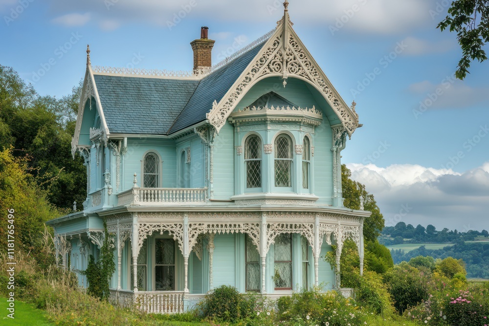 Fototapeta premium A Victorian mansion painted in soft pastel hues, with decorative trims and a steep roof
