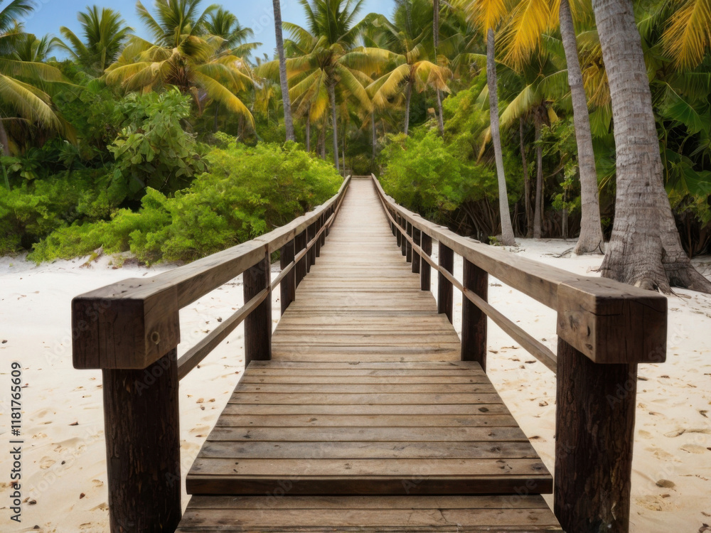 Obraz premium Puente de cubierta de madera en una isla tropical 