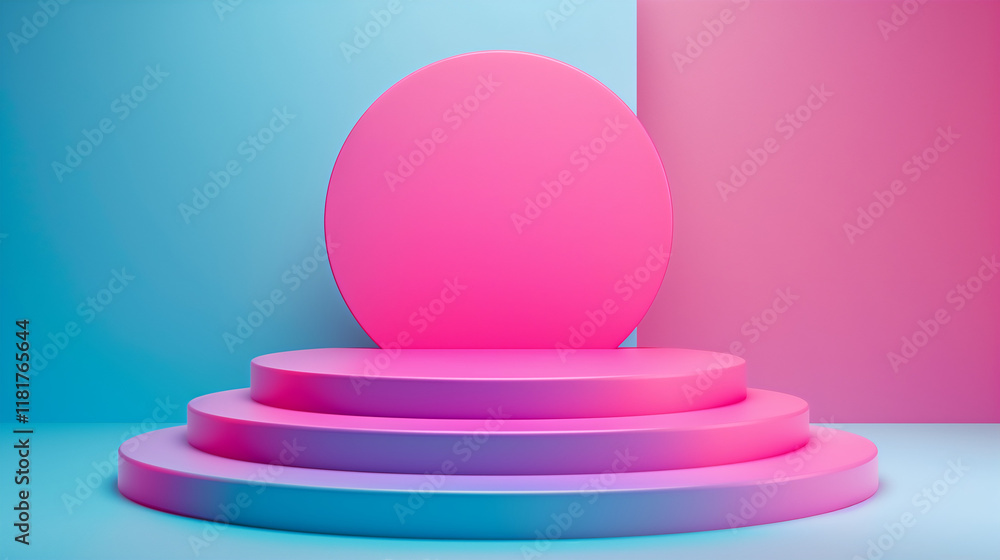 Vibrant Pink and Blue Geometric Podium Illustration with Modern Minimalist Design Vibrant Pink and Blue Geometric Podium Illustration with Modern Minimalist Design