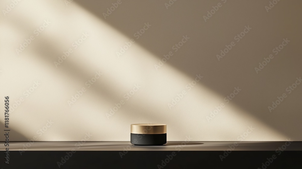 Minimalist container with gold lid on muted background in light Minimalist container with gold lid on muted background in light