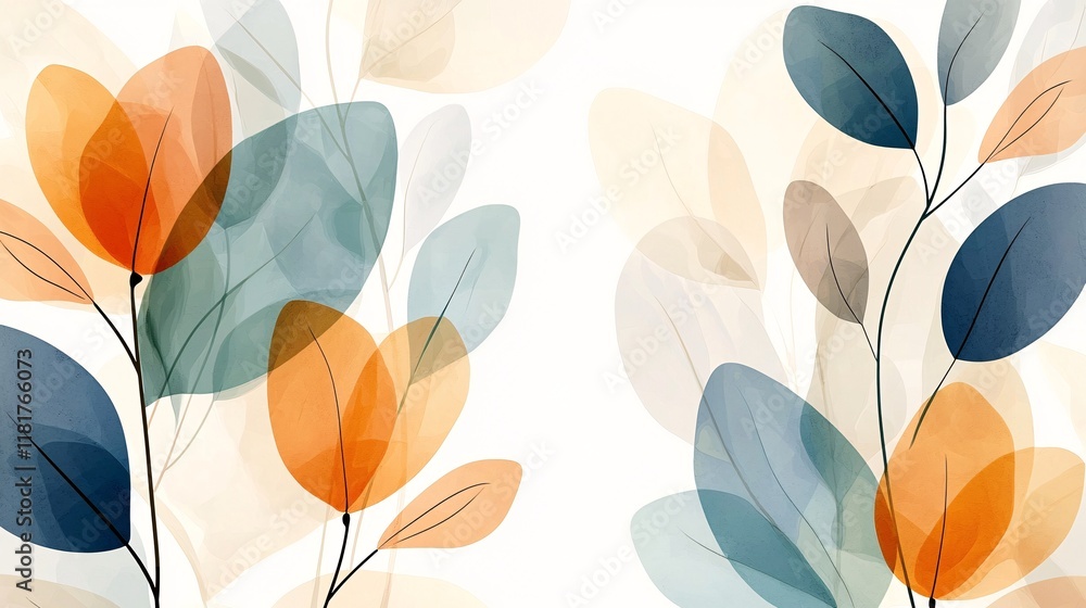 Abstract art print of translucent leaves in orange, blue, and beige tones. Abstract art print of translucent leaves in orange, blue, and beige tones.