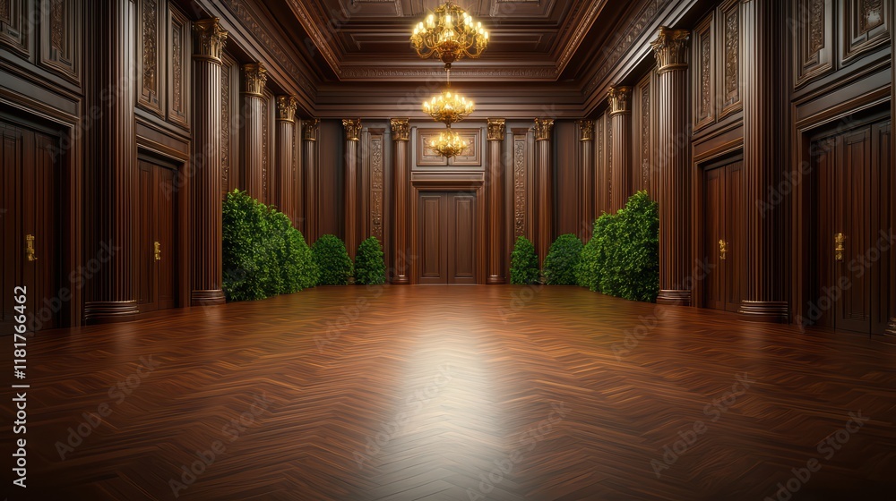 Opulent Wood Paneled Hallway with Elegant Chandeliers and Greenery Opulent Wood Paneled Hallway with Elegant Chandeliers and Greenery