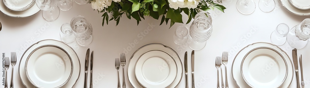 Elegant dining setting with plates, cutlery, and fresh flowers on a white table. Elegant dining setting with plates, cutlery, and fresh flowers on a white table.