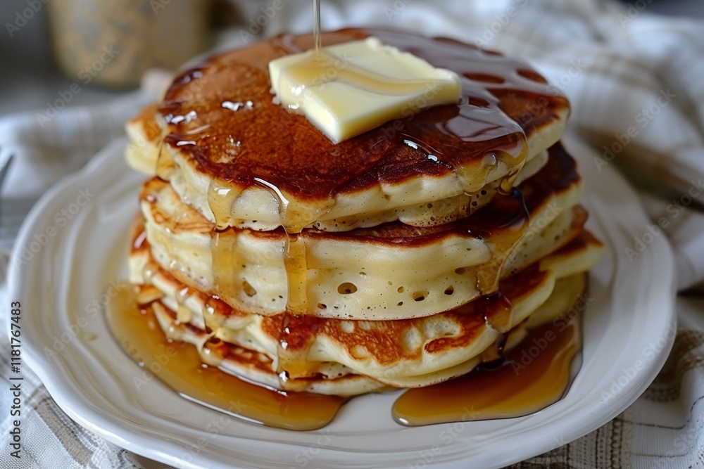 Fluffy Golden Pancakes Drizzled with Maple Syrup and Melted Butter on a White Ceramic Plate, Breakfast Delight Fluffy Golden Pancakes Drizzled with Maple Syrup and Melted Butter on a White Ceramic Plate, Breakfast Delight
