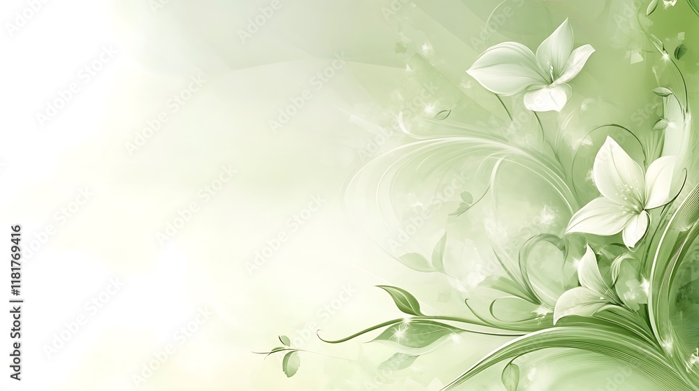 Fototapeta premium Delicate White Flowers and Green Abstract Floral Design