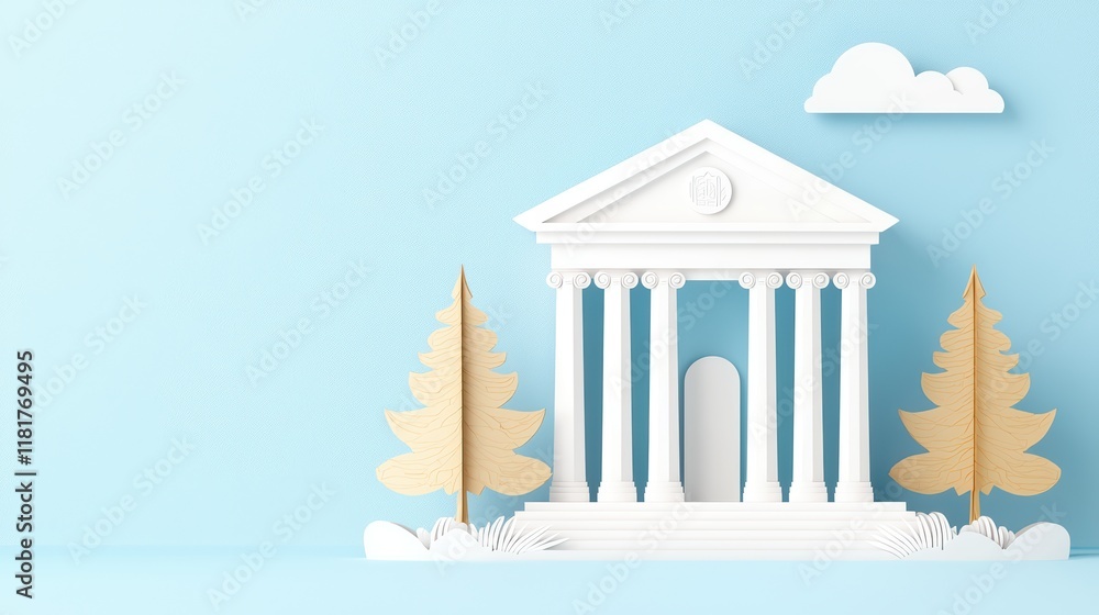 White Classical Building with Trees on Soft Blue Background White Classical Building with Trees on Soft Blue Background