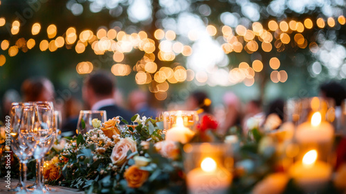 beautiful wedding reception table adorned with flowers and candles, creating romantic atmosphere photo