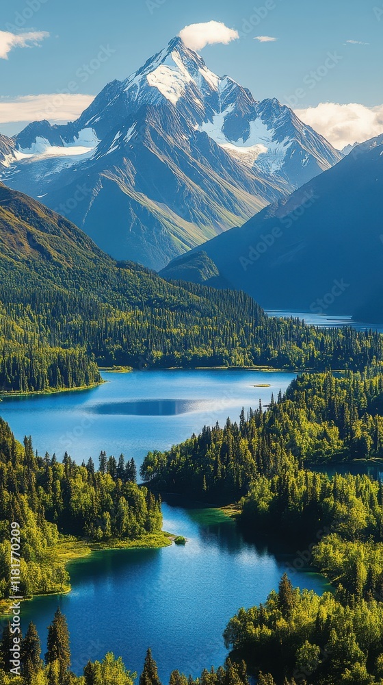 Naklejka premium Majestic mountains surrounded by serene lakes reflect the beauty of nature in a tranquil landscape showcasing lush greenery and snow-capped peaks at sunrise