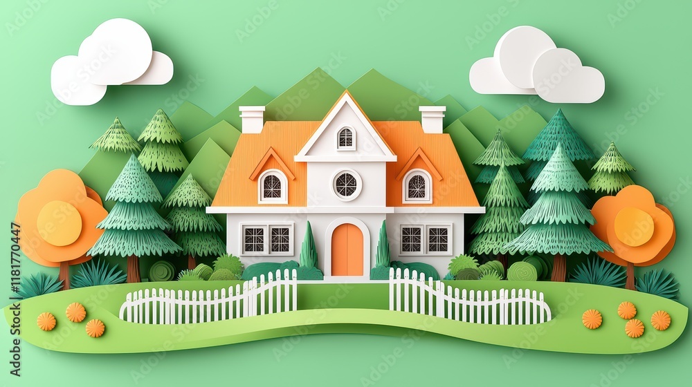 Fototapeta premium Charming Paper Cut Style House Surrounded by Trees and Nature