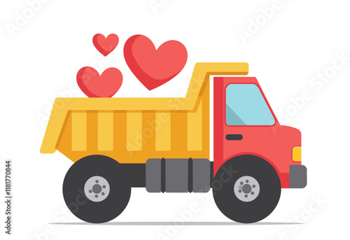 Heart-Filled Dump Truck Cartoon Icon, Valentine's Day Clipart on White Background