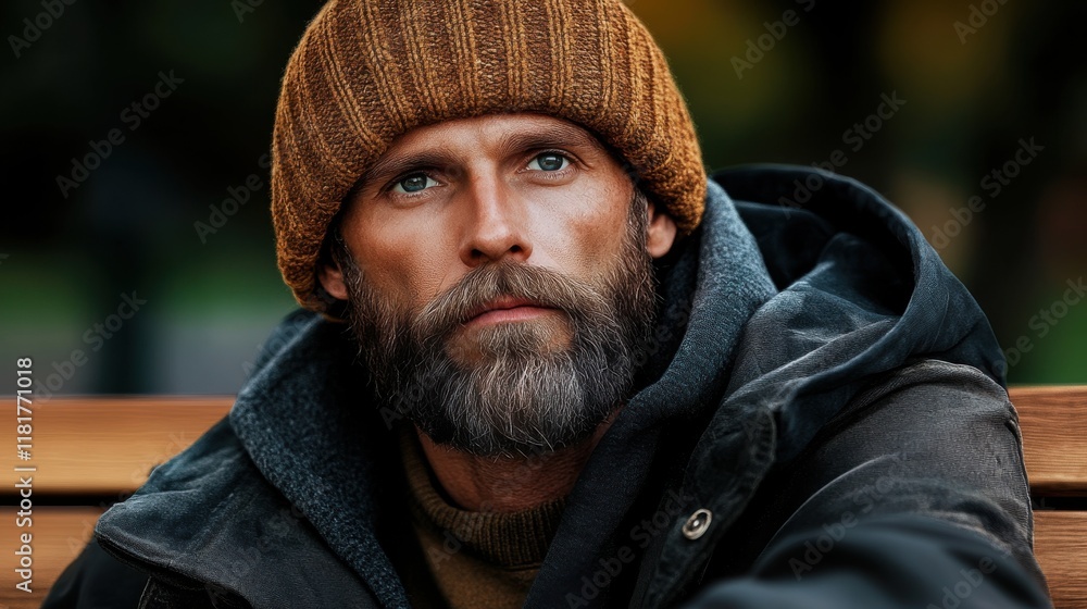 Bearded man in a brown knitted hat gazes thoughtfully while seated on a wooden bench in a park during the fall afternoon Bearded man in a brown knitted hat gazes thoughtfully while seated on a wooden bench in a park during the fall afternoon