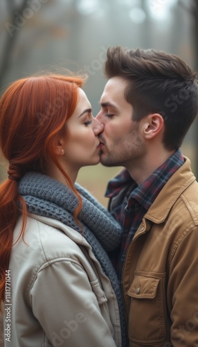 A couple shares a tender kiss in a serene, misty forest, surrounded by soft autumn hues. Their intimate moment captures the essence of love and connection, with the womans vibrant red hair contrasting photo