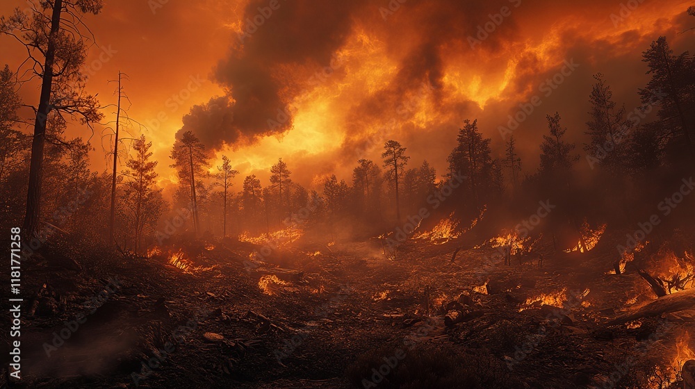 Dramatic Forest Wildfire Scene, Burning Trees and Smoke, Environmental Crisis Dramatic Forest Wildfire Scene, Burning Trees and Smoke, Environmental Crisis