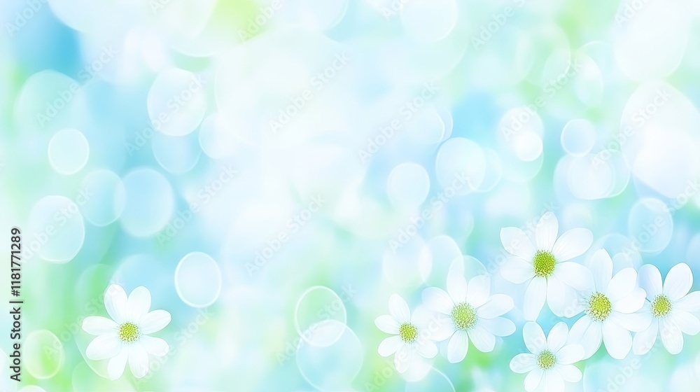 Fototapeta premium Delicate White Flowers in Soft Blue Bokeh Background
