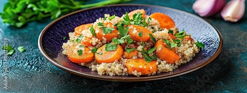 Vibrant Plate of Quinoa Salad with Roasted Carrots and Fresh Herbs on a Bold Textured Surface, Perfect for Healthy Eating and Culinary Inspiration photo