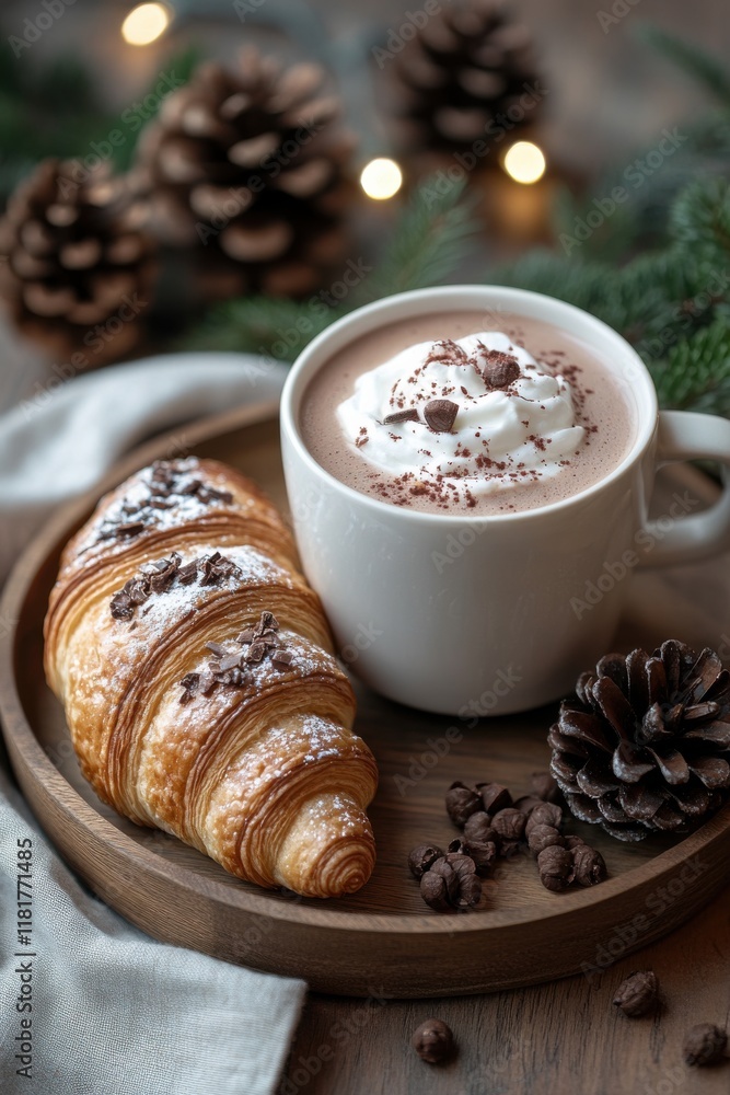 Warm croissant and hot chocolate with whipped cream served on a wooden platter during a cozy winter afternoon Warm croissant and hot chocolate with whipped cream served on a wooden platter during a cozy winter afternoon