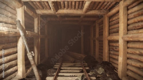 Travelling in an old, abandoned mineshaft, lights turning off, 3D animation