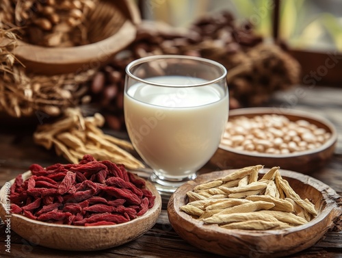 Traditional herbal remedies with various dried herbs and a glass of milk on a rustic wooden table in a cozy kitchen setting photo