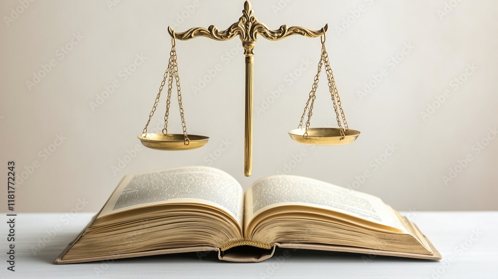 Golden Scales of Justice on Open Book Symbolizing Law and Fairness Golden Scales of Justice on Open Book Symbolizing Law and Fairness