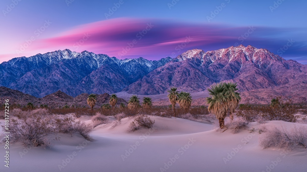 Naklejka premium Desert Palms Sunset Mountainscape Stunning Pink Hues