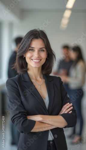 A poised businesswoman with dark hair and a warm smile stands confidently in a sleek office environment. Her professional attire and relaxed posture convey a sense of leadership and approachability Free Download A poised businesswoman with dark hair and a warm smile stands confidently in a sleek office environment. Her professional attire and relaxed posture convey a sense of leadership and approachability - GFXLoad