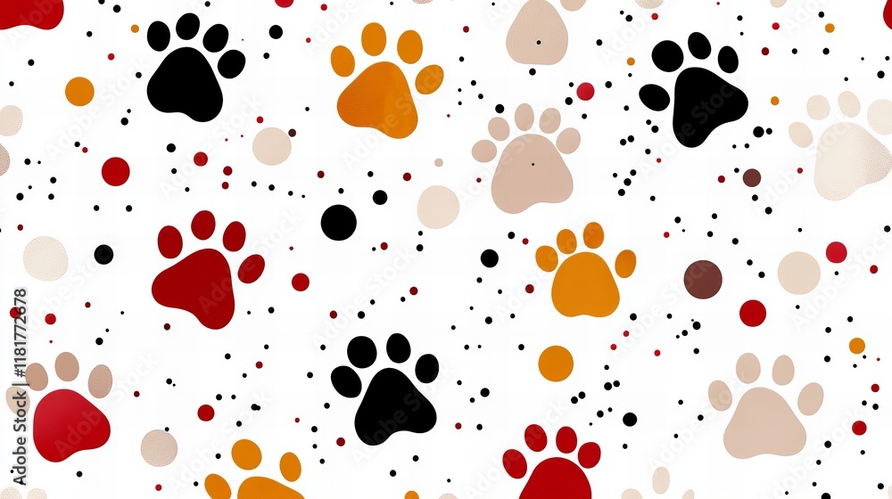 Fototapeta premium Colorful paw prints scattered on a white background. A playful and vibrant pattern perfect for pet-themed designs.