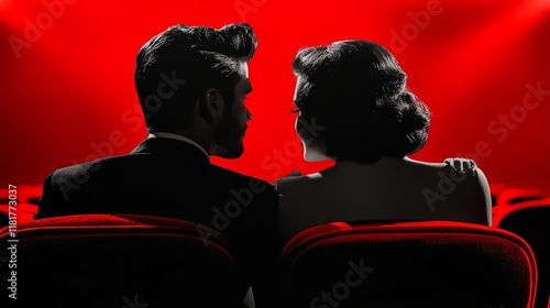 A classic 1960s movie theater, a couple seated close, surrounded by vintage red velvet seats, the glow of the screen reflecting their passionate connection