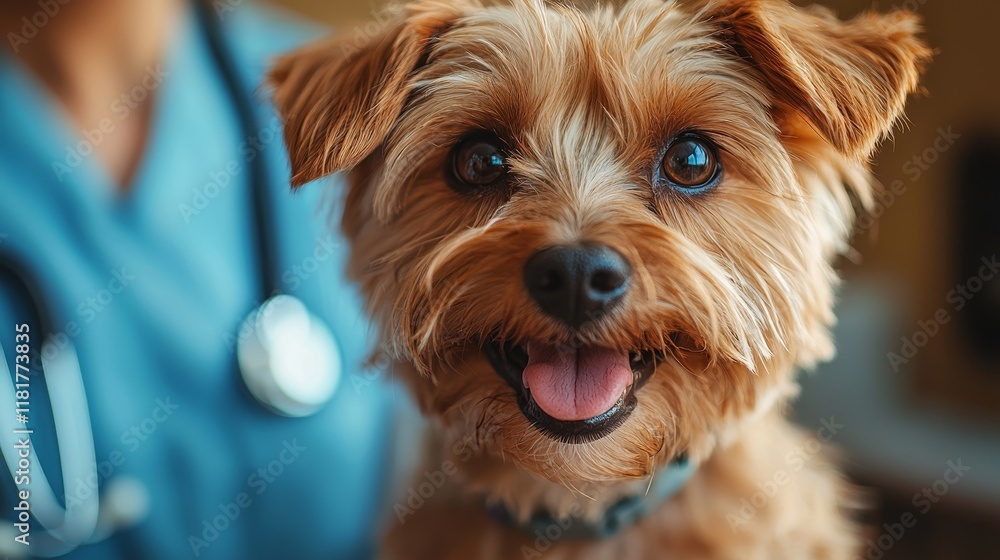 Happy small dog at the veterinary clinic with a smiling practitioner nearby, showcasing a warm and caring atmosphere Happy small dog at the veterinary clinic with a smiling practitioner nearby, showcasing a warm and caring atmosphere