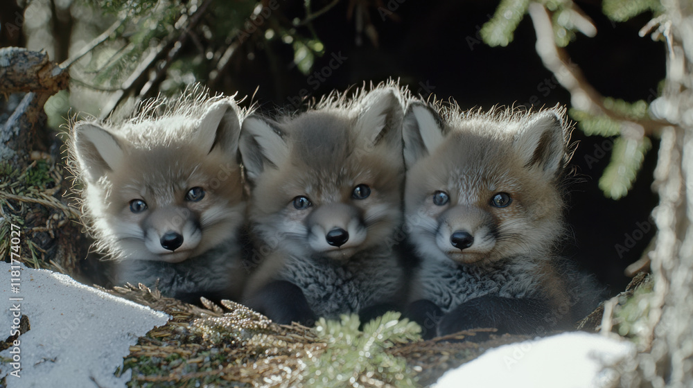 Obraz premium Three adorable fox cubs peeking out from their den, surrounded by nature