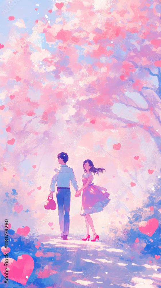 A romantic scene of a couple walking hand-in-hand in a park, with blooming hearts on trees, celebrating their love on Valentine's Day in a serene, nature-filled setting A romantic scene of a couple walking hand-in-hand in a park, with blooming hearts on trees, celebrating their love on Valentine's Day in a serene, nature-filled setting