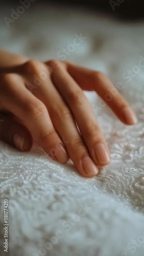Delicate hand with neat nails resting gently on textured, soft white mattress