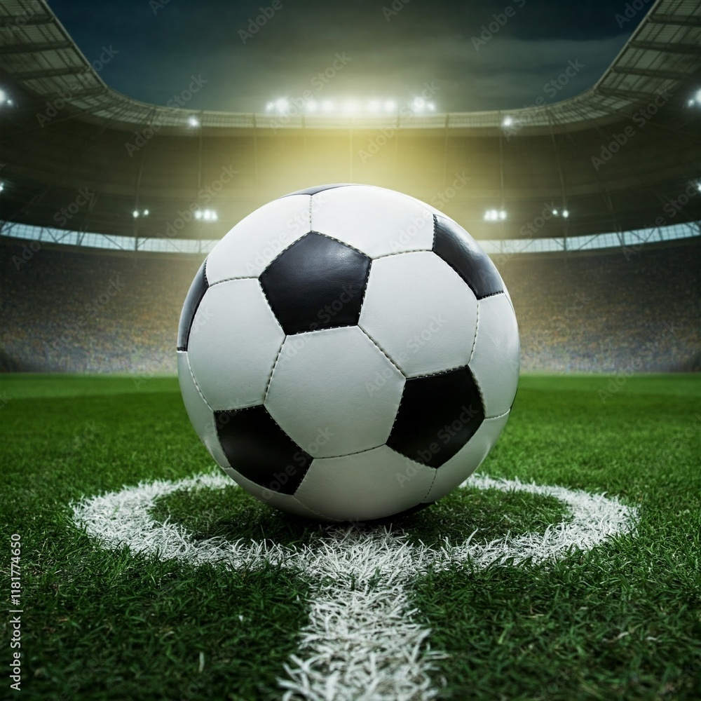 Obraz premium Fußball auf Anstoßpunkt im Stadion