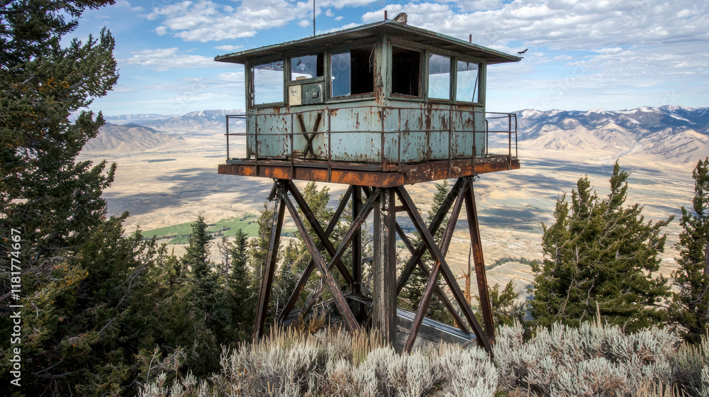 rustic fire lookout tower stands tall amidst scenic mountain landscape, surrounded by trees and vast valleys rustic fire lookout tower stands tall amidst scenic mountain landscape, surrounded by trees and vast valleys