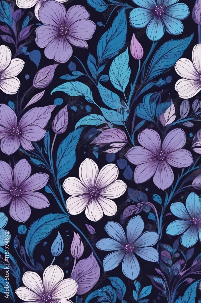 Seamless Abstract Purple and Blue Magical Flowers Pattern Background Seamless Abstract Purple and Blue Magical Flowers Pattern Background