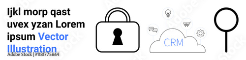 Padlock representing security, cloud labeled CRM with network icons representing integration, magnifying glass symbolizing search, placeholder text. Ideal for cybersecurity, data protection, cloud
