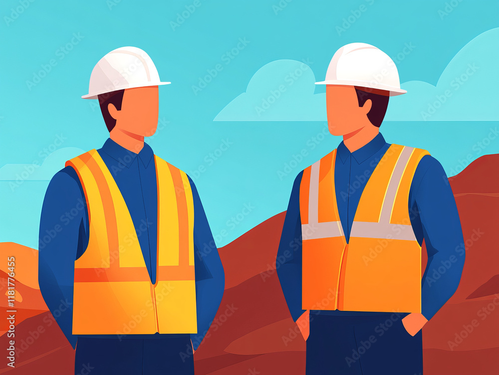 Two construction workers in safety vests and helmets discussing project Two construction workers in safety vests and helmets discussing project