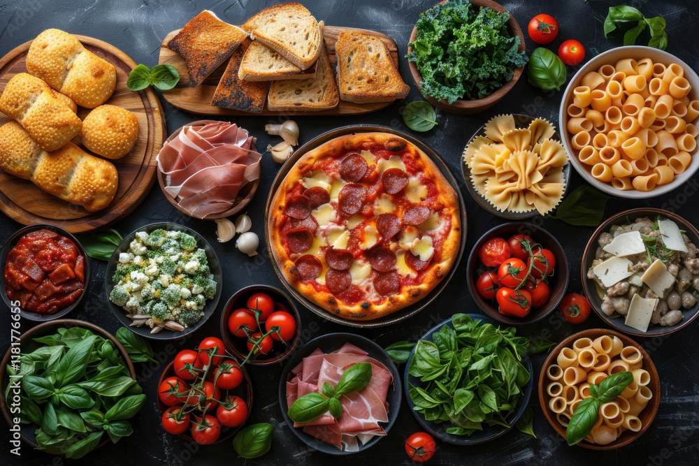Full table of Italian dishes on plates Pizza, pasta, ravioli, carpaccio, caprese salad and tomato bruschetta on a black background. View from above. Full table of Italian dishes on plates Pizza, pasta, ravioli, carpaccio, caprese salad and tomato bruschetta on a black background. View from above.