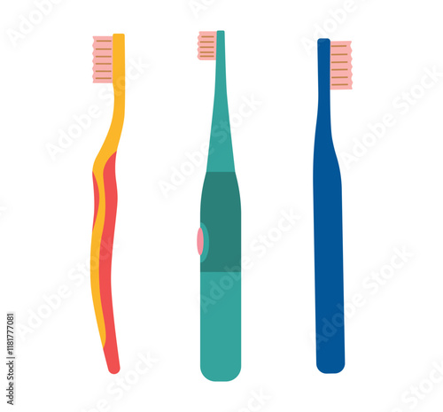 Toothbrush set. Electric and regular toothbrushes in clip art style. Modern vector illustration for your design