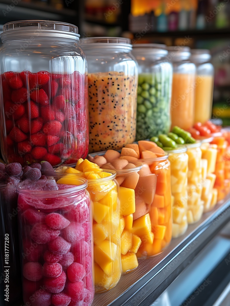 Colorful frozen fruits in jars on display. Colorful frozen fruits in jars on display.