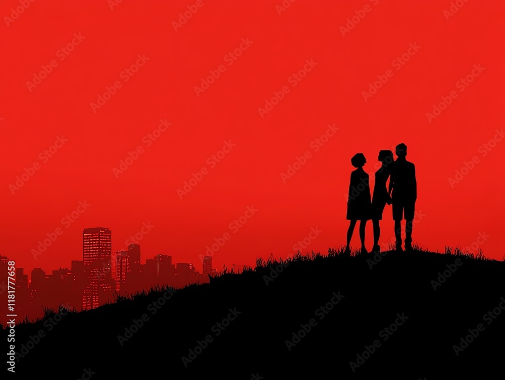 Silhouettes of lovers on a hilltop overlooking a cityscape, golden hour glow, romantic evening, passion Silhouettes of lovers on a hilltop overlooking a cityscape, golden hour glow, romantic evening, passion