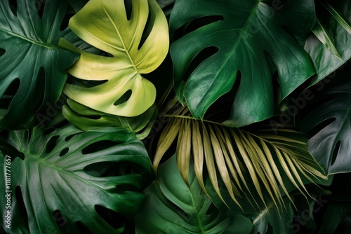 Lush Green Tropical Leaves with Unique Patterns and Highlights Capturing the Essence of Nature's Beauty and the Vibrancy of Eco-Friendly Decor Ideas