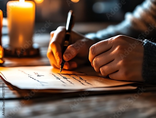 Woman writing a love letter at a vintage desk, soft candlelight, nostalgic tones, romantic story, longing photo